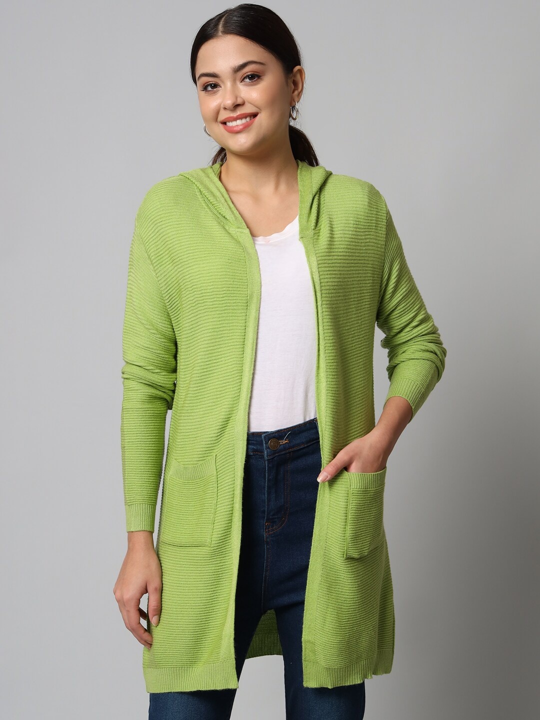 

BROOWL Women Green Striped Longline Shrug