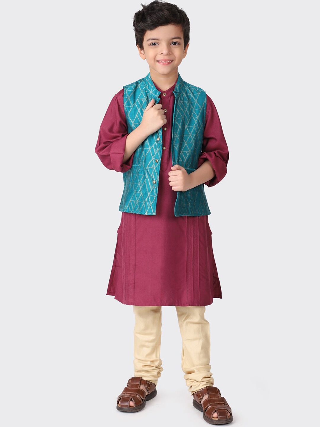 

Fabindia Boys Magenta Kurta with Churidar & Nehru Jacket