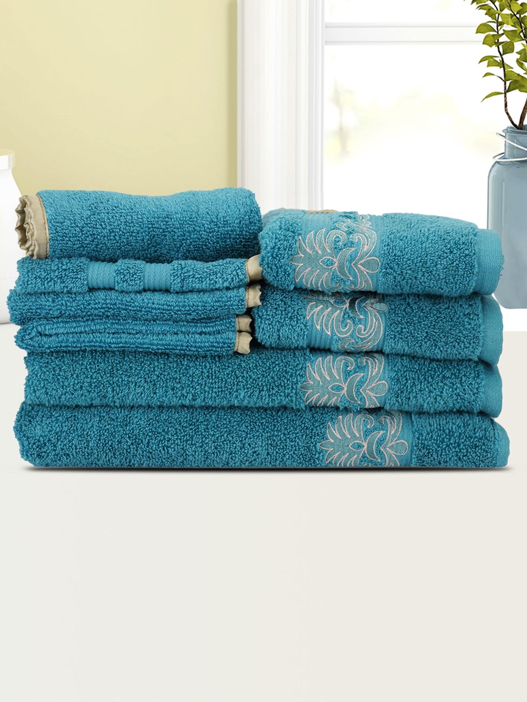 

LUSH & BEYOND Set Of 8 Blue Solid 500GSM Pure-Cotton Towel Set