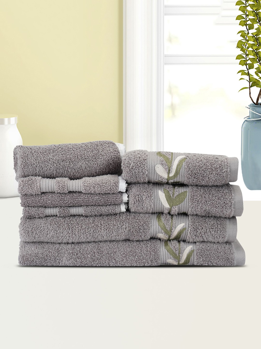 

LUSH & BEYOND Pack of 8 Solid Cotton Towel Set, Grey
