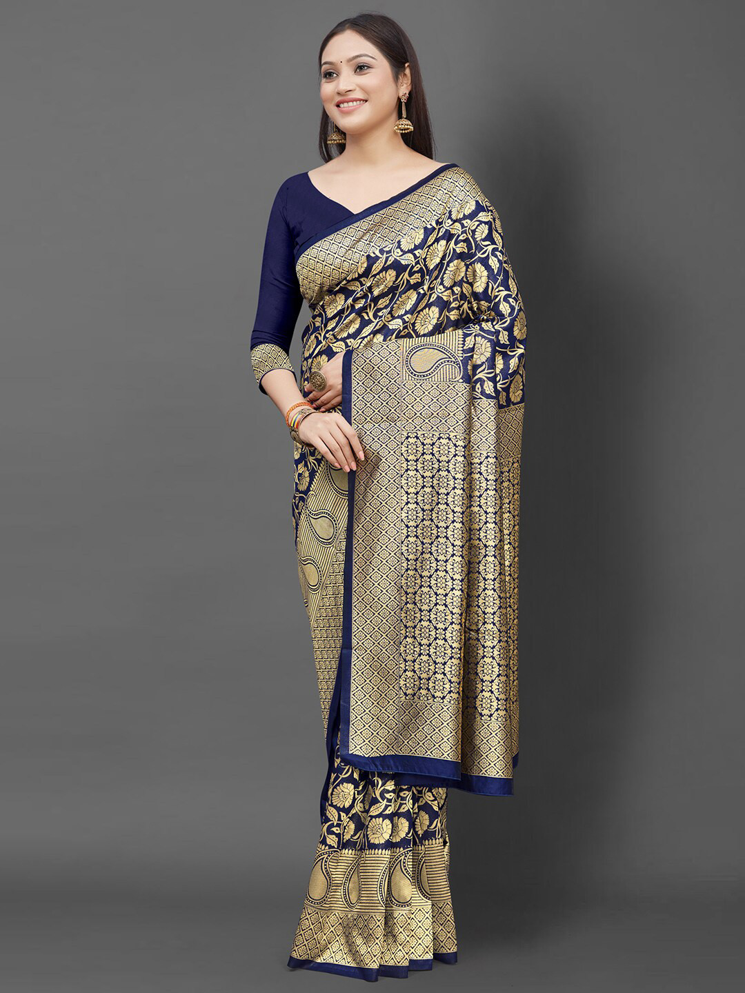 

Mitera Navy Blue & Gold-Toned Woven Design Banarasi Zari Saree