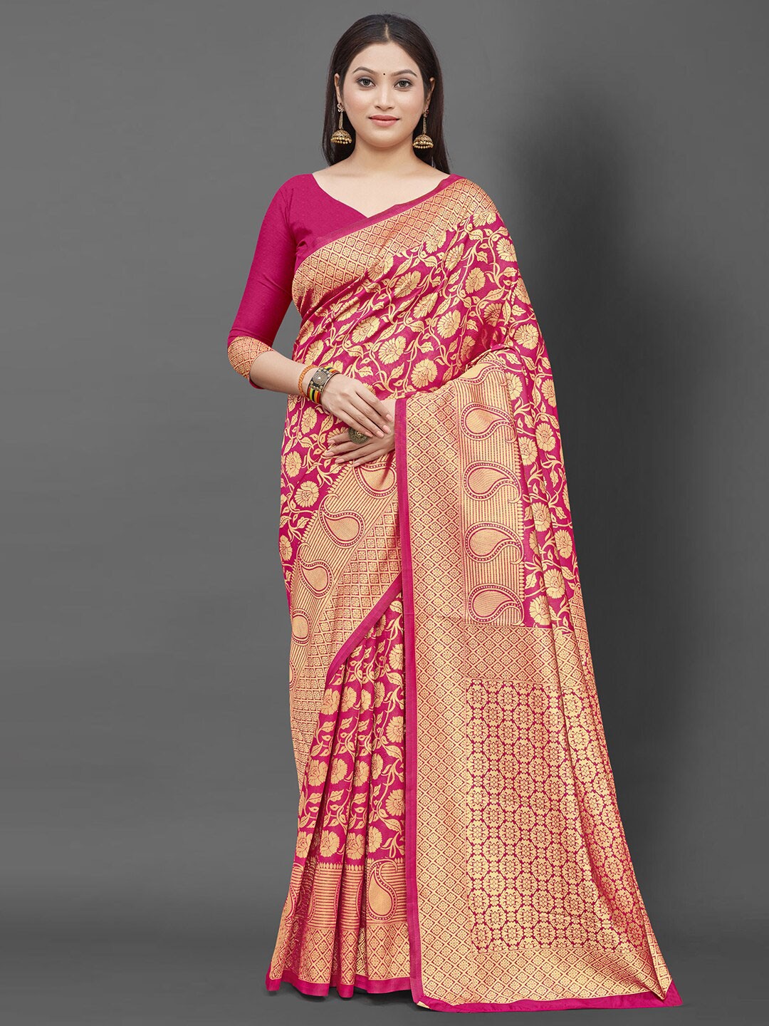 

Mitera Pink & Gold-Toned Ethnic Motifs Zari Silk Blend Banarasi Saree