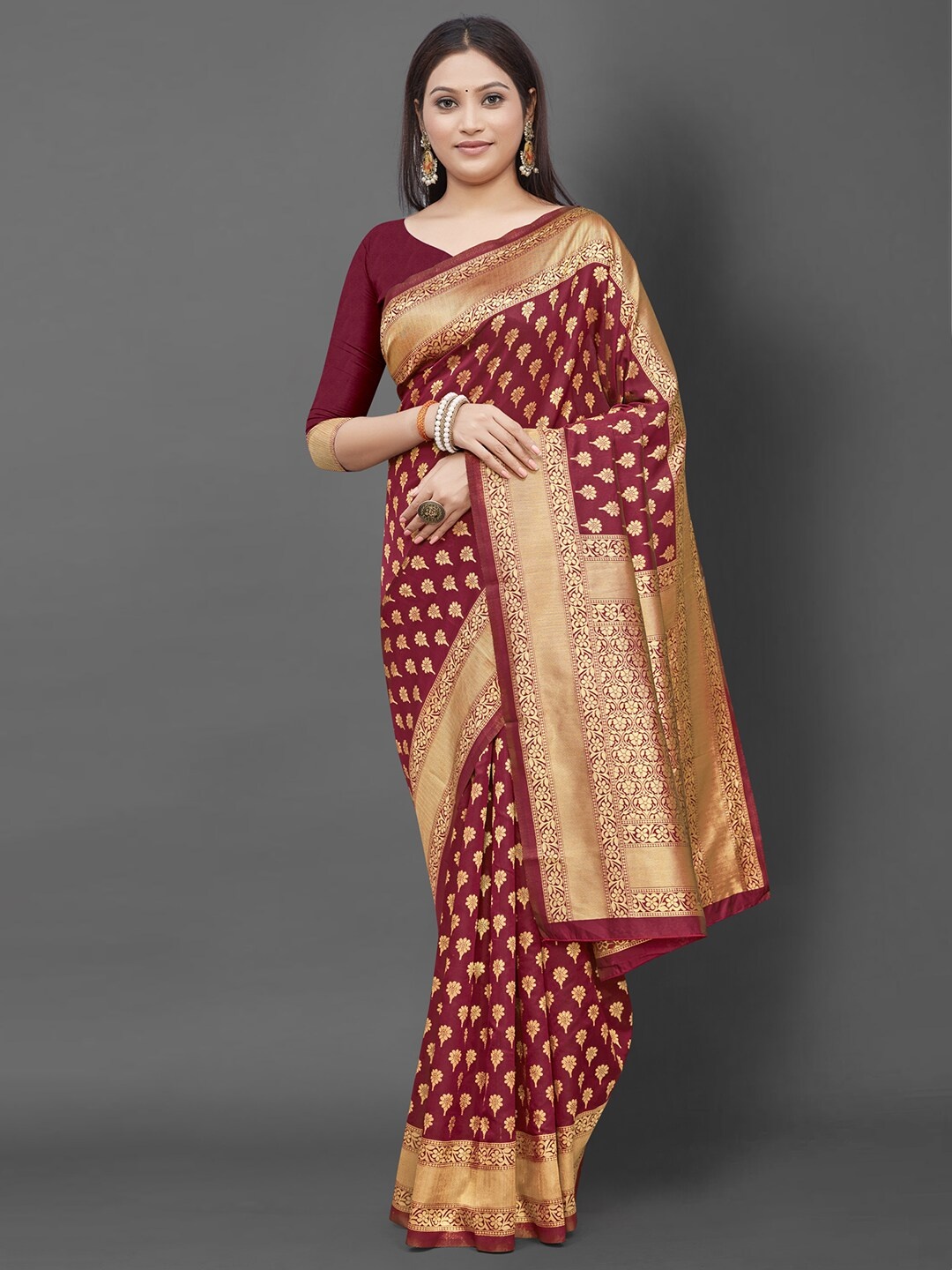 

Mitera Maroon & Gold-Toned Ethnic Motifs Zari Silk Blend Banarasi Saree