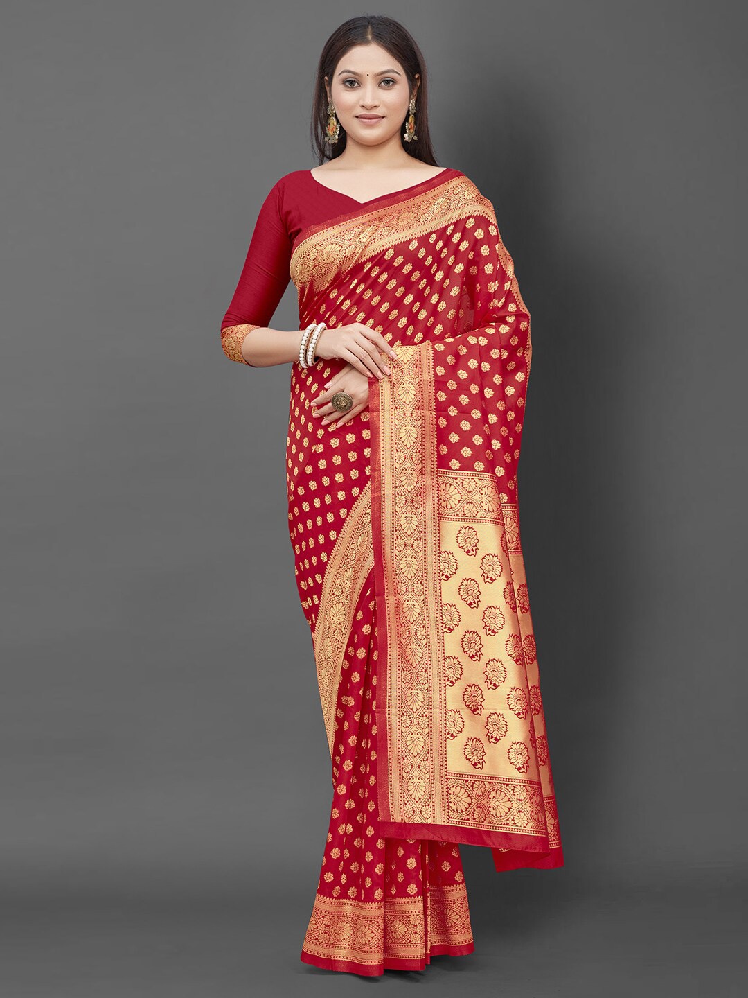 

Mitera Red & Gold-Toned Woven Design Zari Silk Blend Banarasi Saree