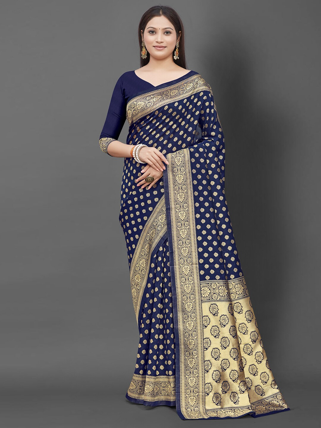 

Mitera Navy Blue & Gold-Toned Floral Zari Silk Blend Banarasi Saree