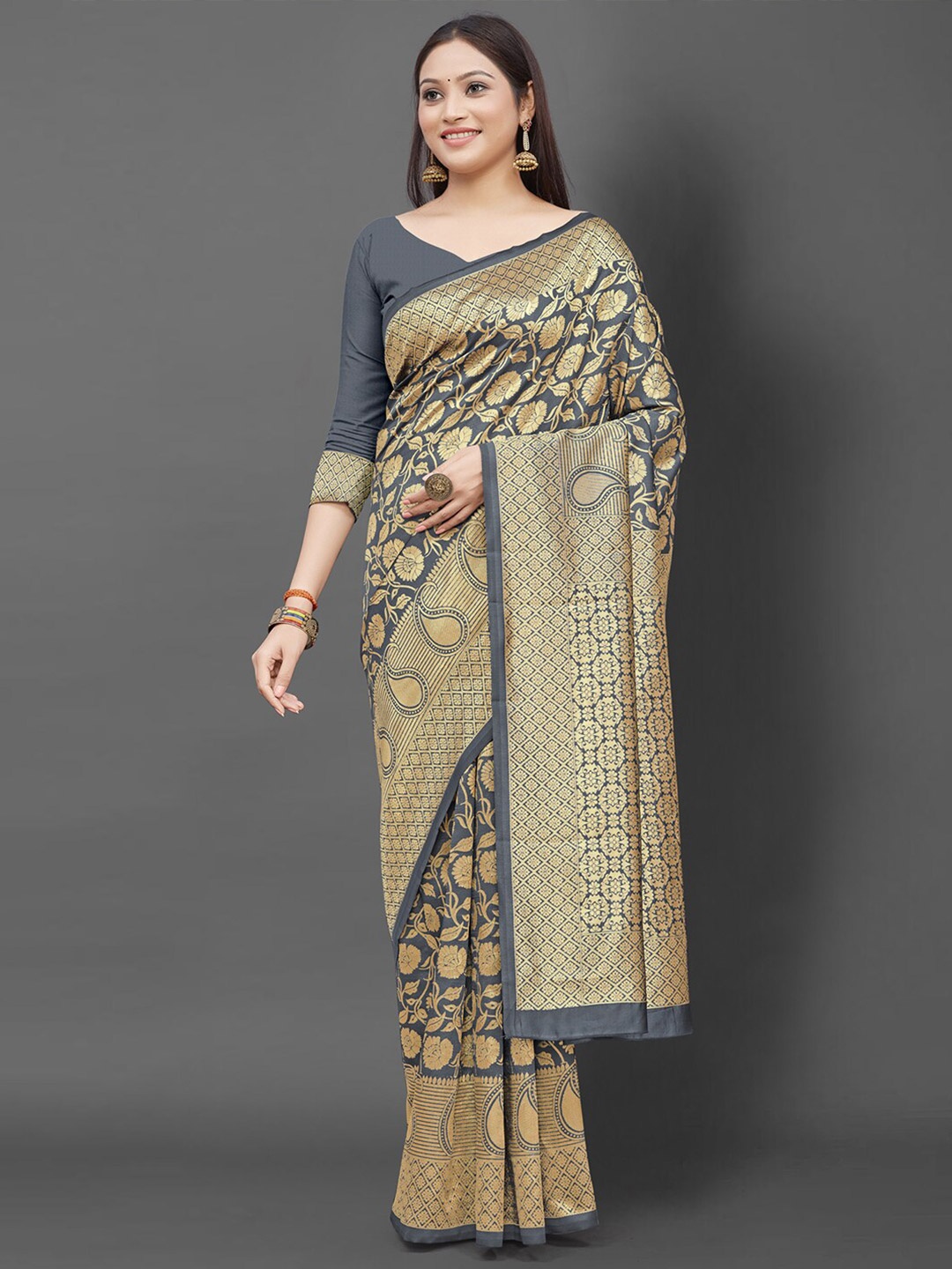 

Mitera Women Grey & Gold Woven Design Zari Silk Blend Banarasi Saree