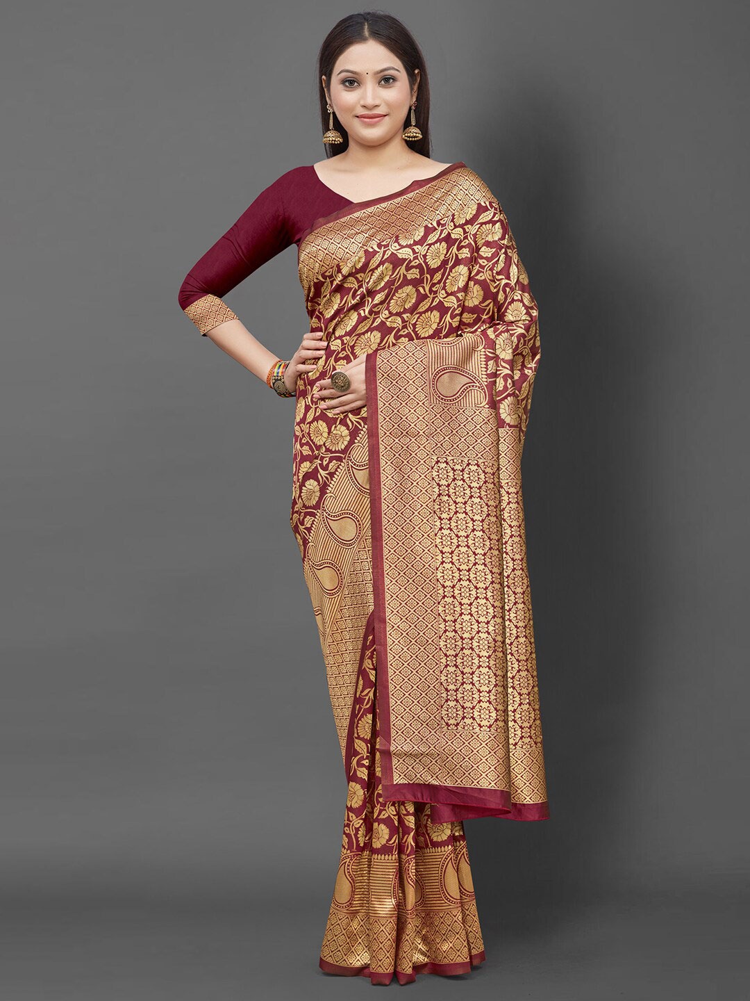 

Mitera Maroon & Gold-Toned Floral Zari Silk Blend Banarasi Saree