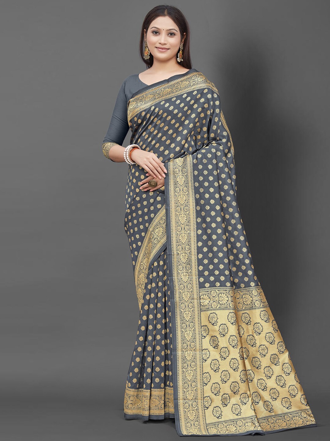 

Mitera Grey & Gold-Toned Woven Design Silk Blend Banarasi Saree