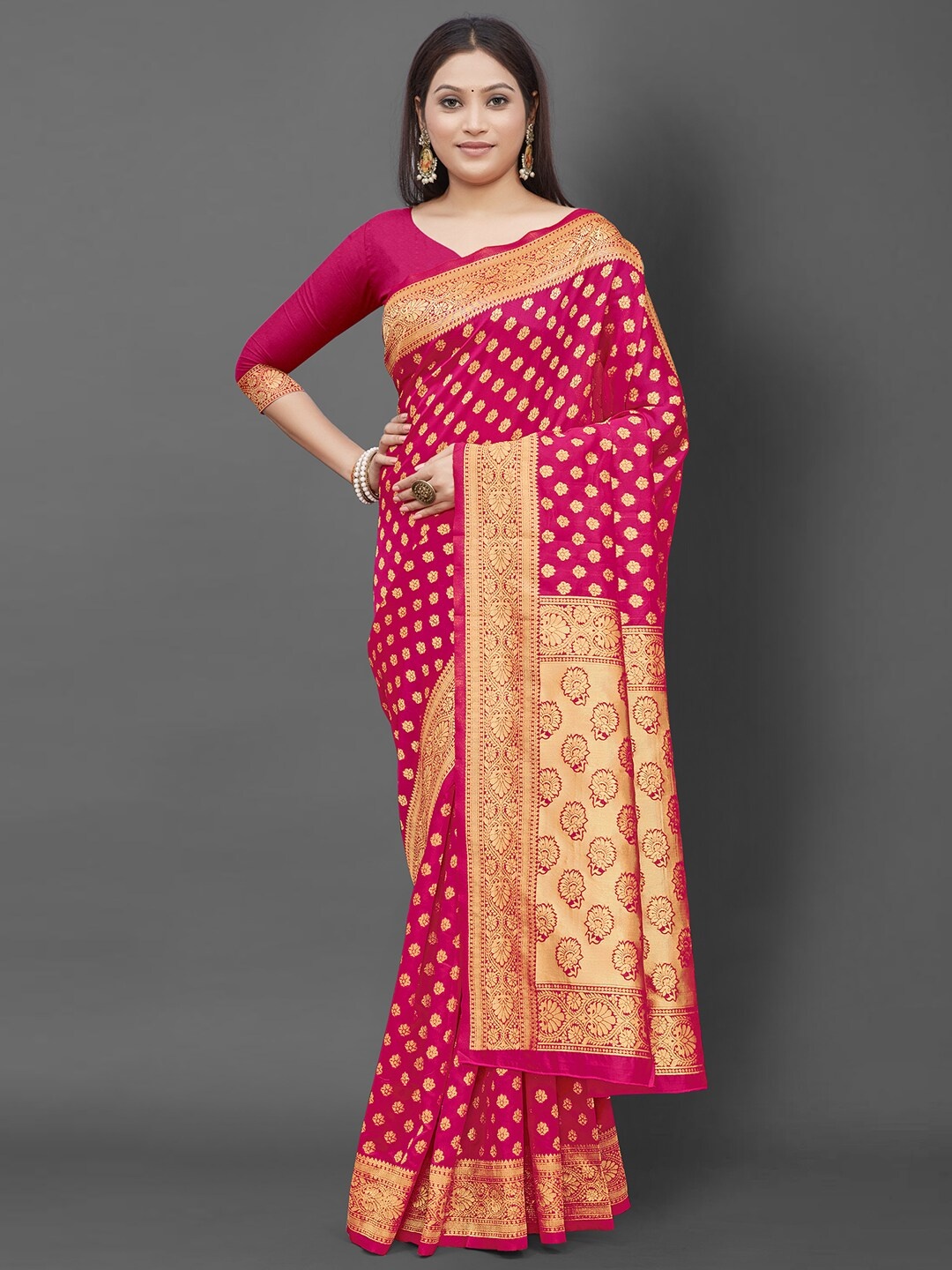 

Mitera Pink & Gold-Toned Floral Zari Silk Blend Banarasi Saree