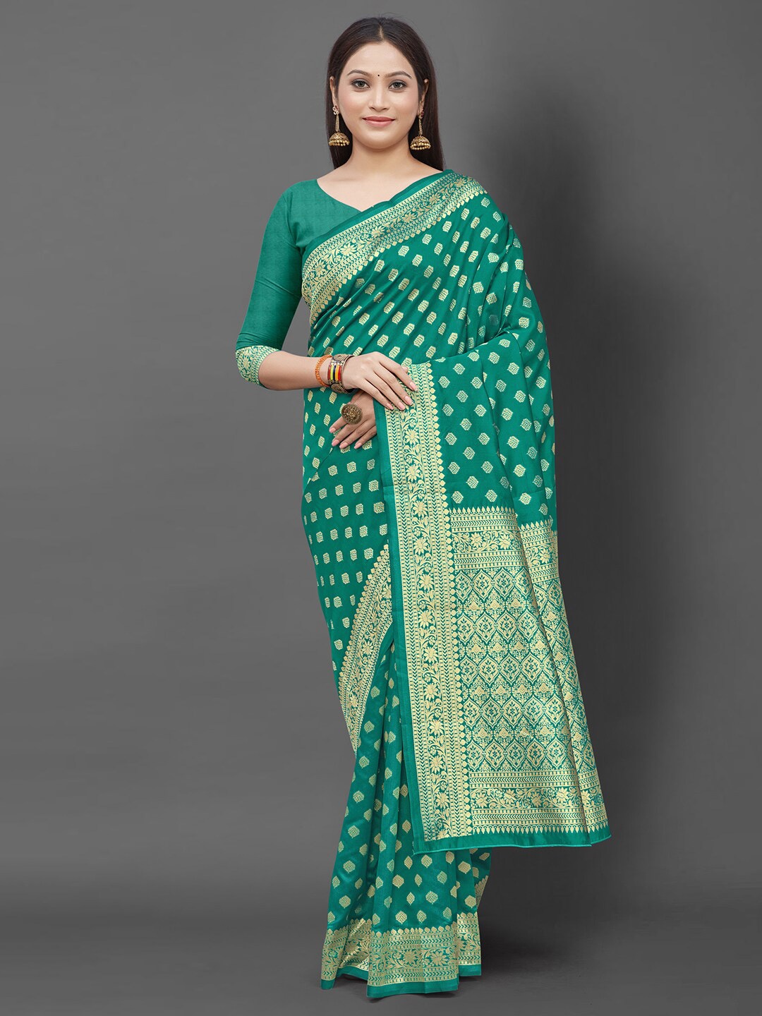 

Mitera Sea Green & Gold-Toned Woven Design Zari Silk Blend Banarasi Saree