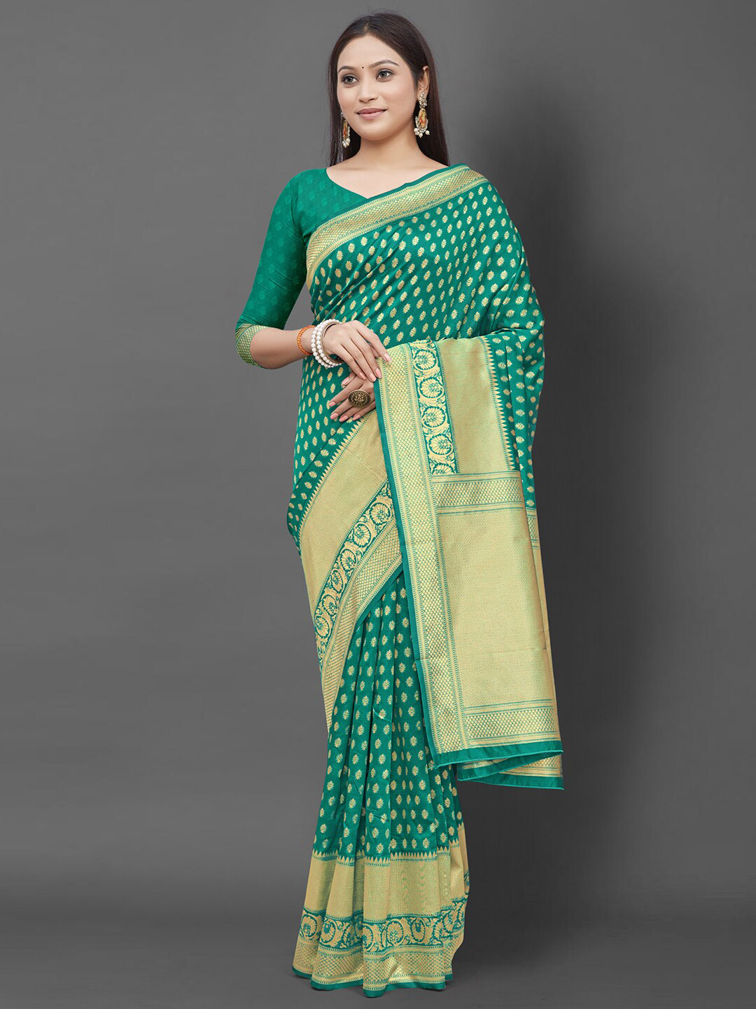 

Mitera Sea Green & Gold-Toned Ethnic Motifs Zari Banarasi Saree