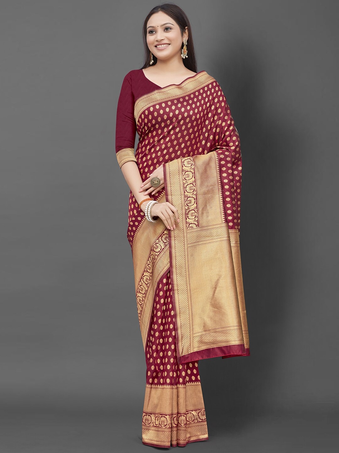

Mitera Maroon & Gold-Toned Woven Design Zari Silk Blend Banarasi Saree