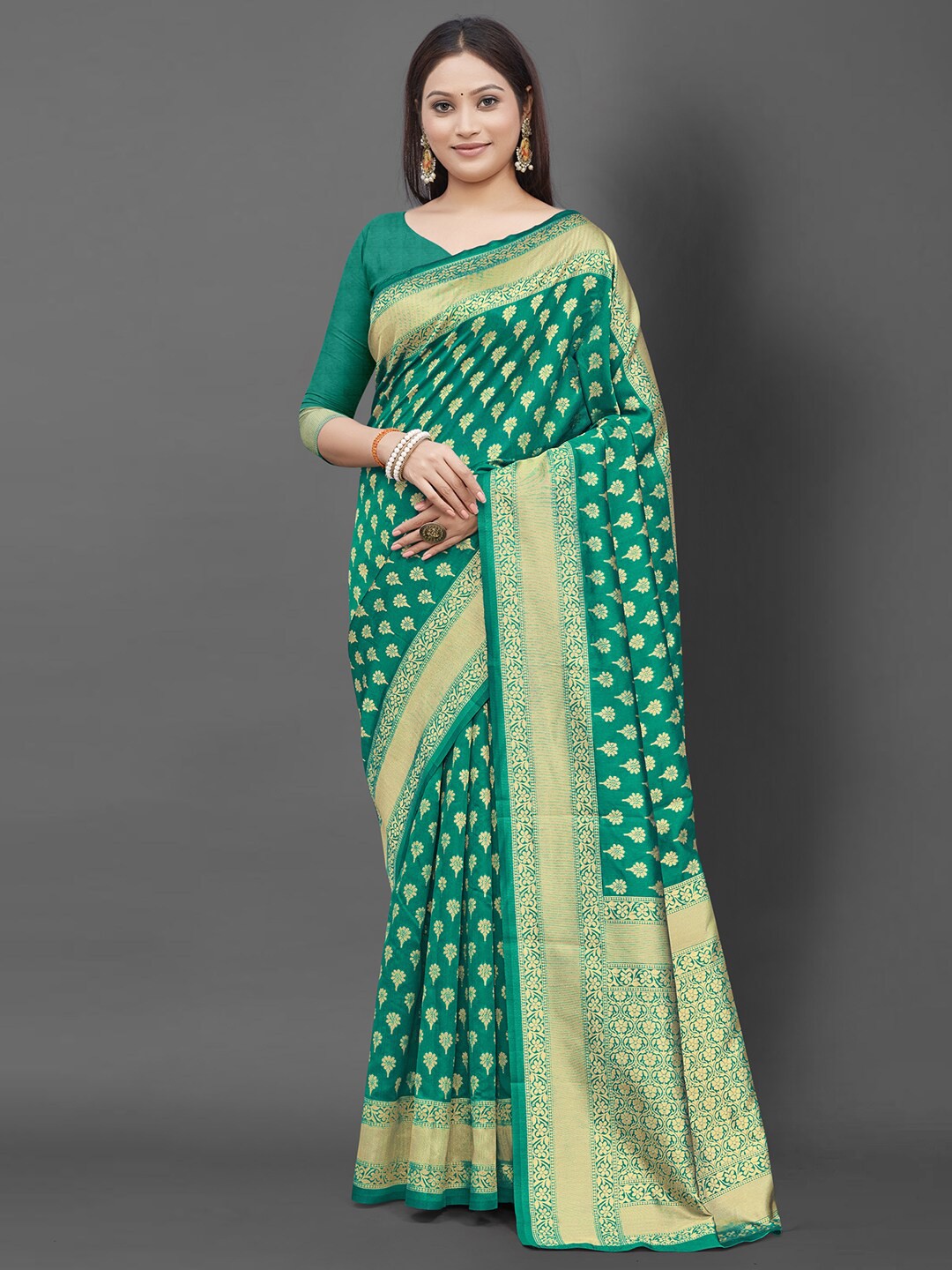 

Mitera Sea Green & Gold-Toned Woven Design Zari Silk Blend Banarasi Saree