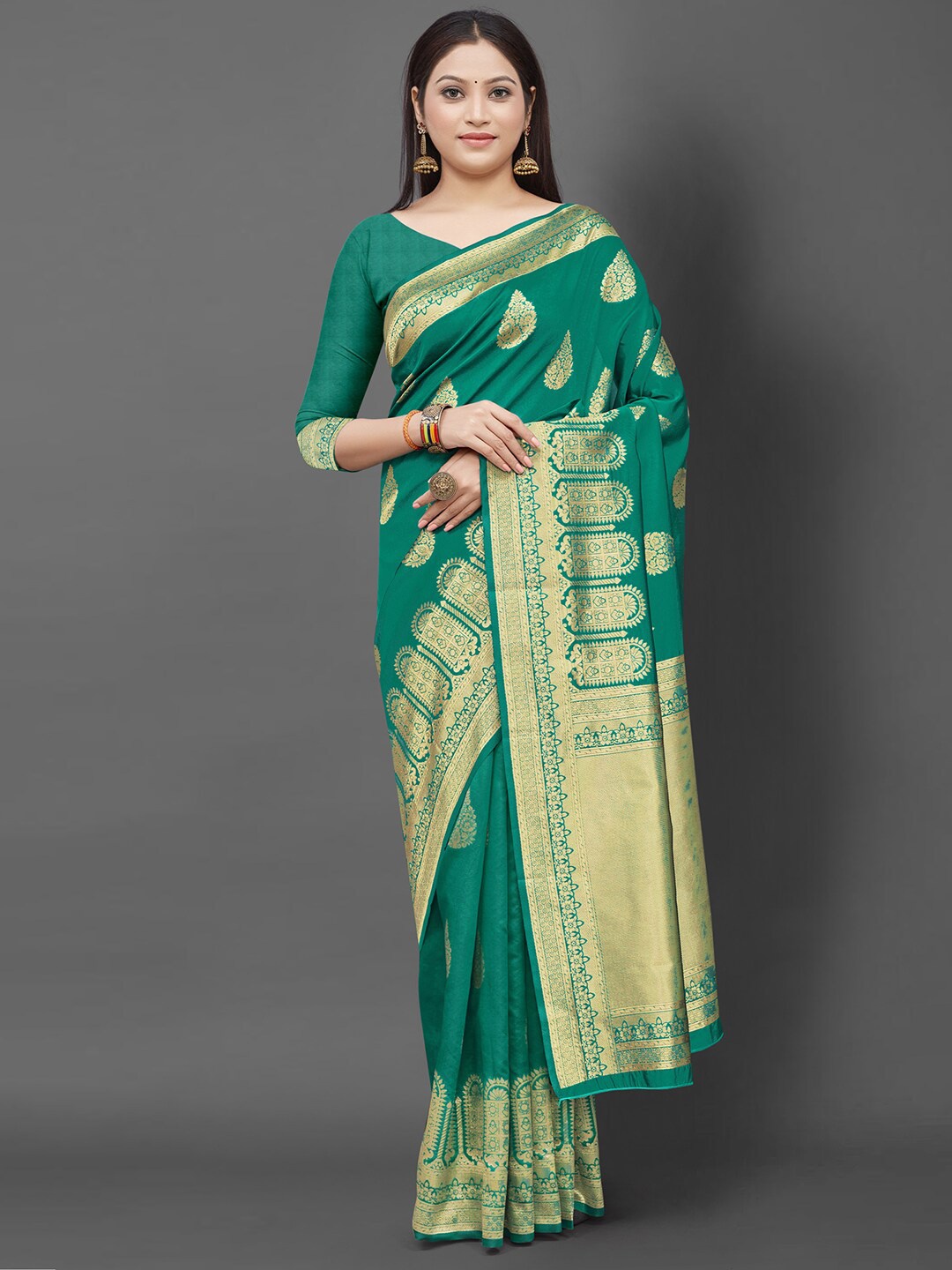 

Mitera Women Sea Green & Gold-Toned Woven Design Zari Silk Blend Banarasi Saree