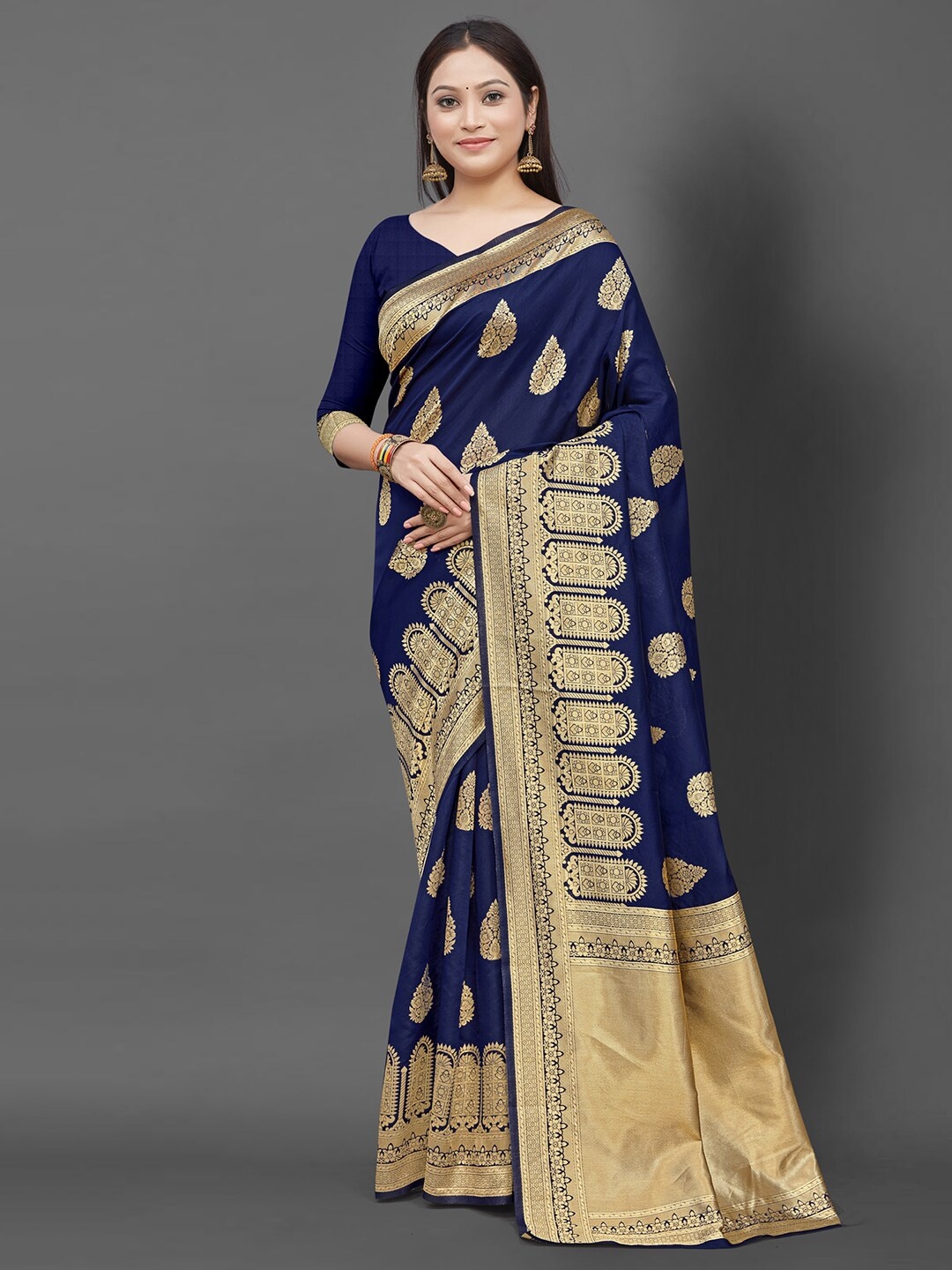 

Mitera Navy Blue & Gold-Toned Woven Design Silk Blend Banarasi Saree with Matching Blouse