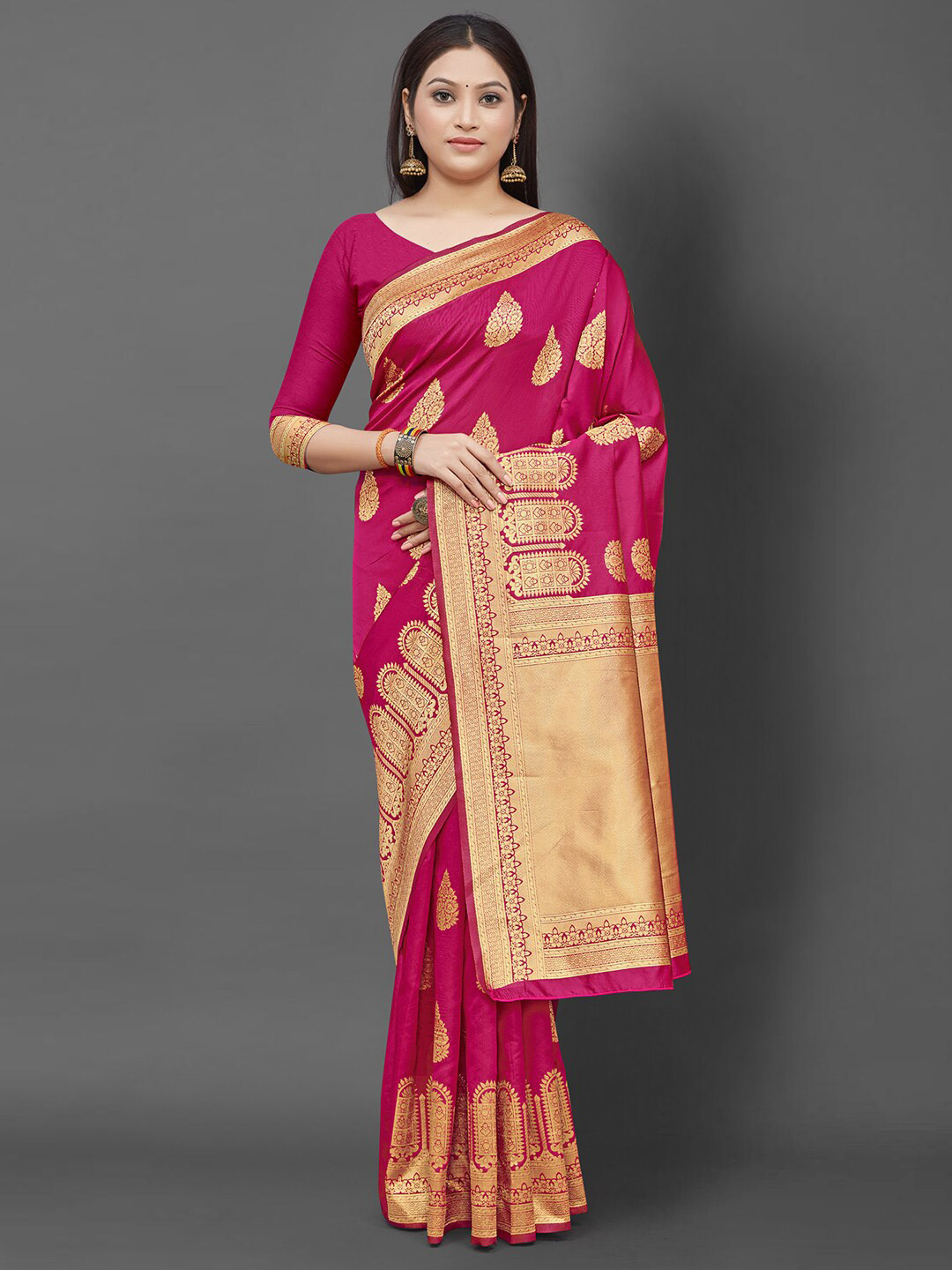 

Mitera Pink & Gold-Toned Ethnic Motifs Zari Silk Blend Banarasi Saree
