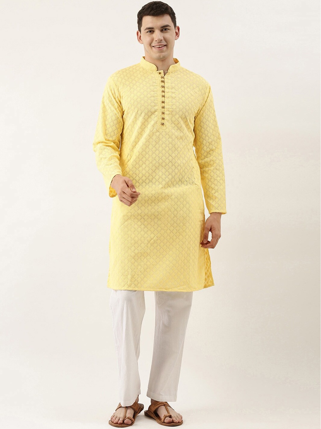 

SWAGG INDIA Men Yellow Geometric Cotton Kurta