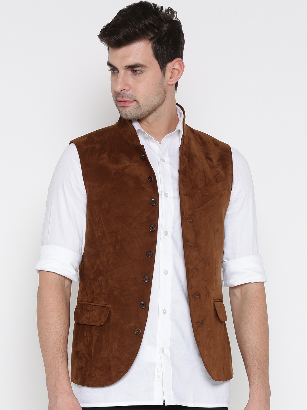 

Blackberrys Brown Slim Fit Nehru Jacket with Velvet Finish