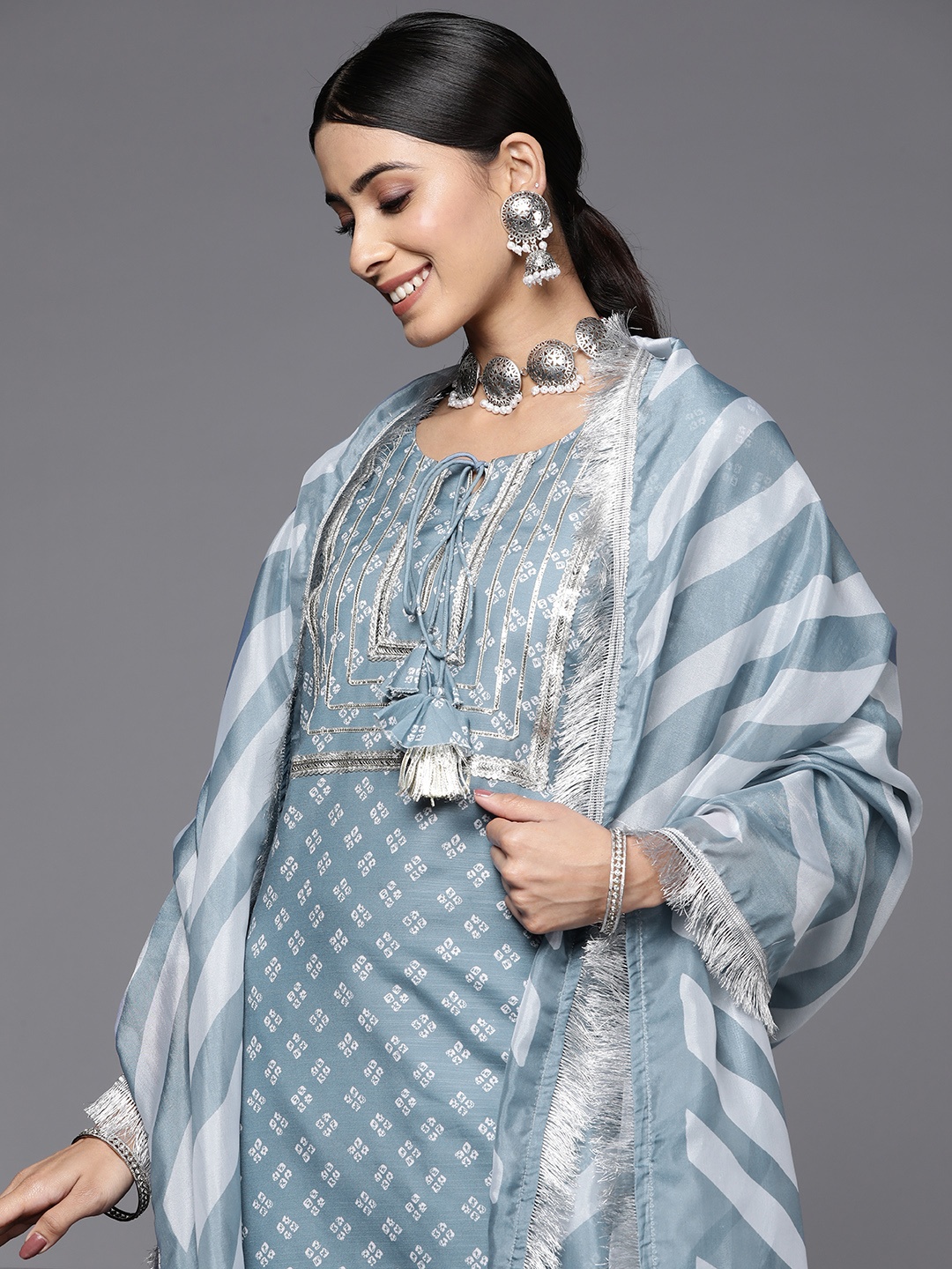 

Varanga Women Grey Bandhani Yoke Design Sequinned Kurta with Trousers & Dupatta