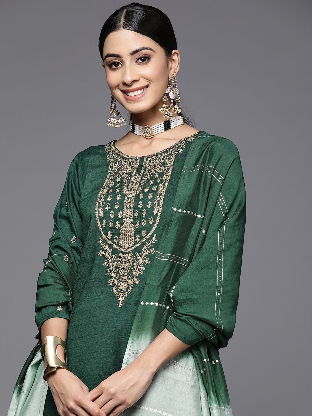 

Varanga Women Green Ethnic Motifs Embroidered Kurta with Trousers & Dupatta