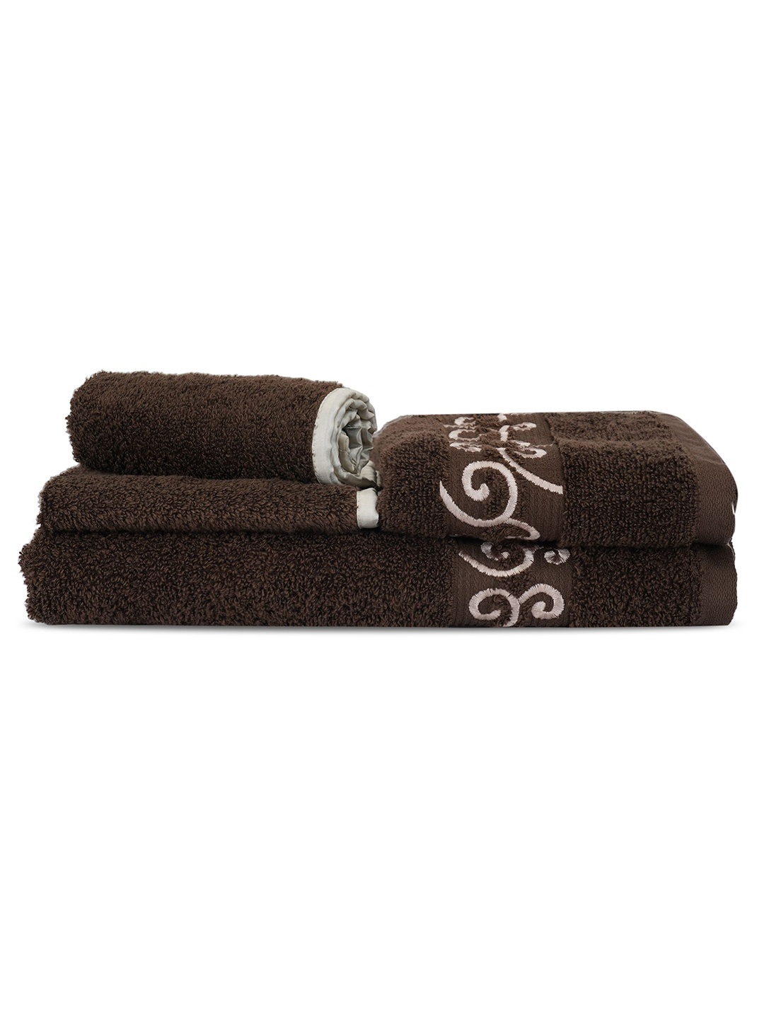 

LUSH & BEYOND Set Of 4 Brown Embroidered 500GSM Pure Cotton Towel Set