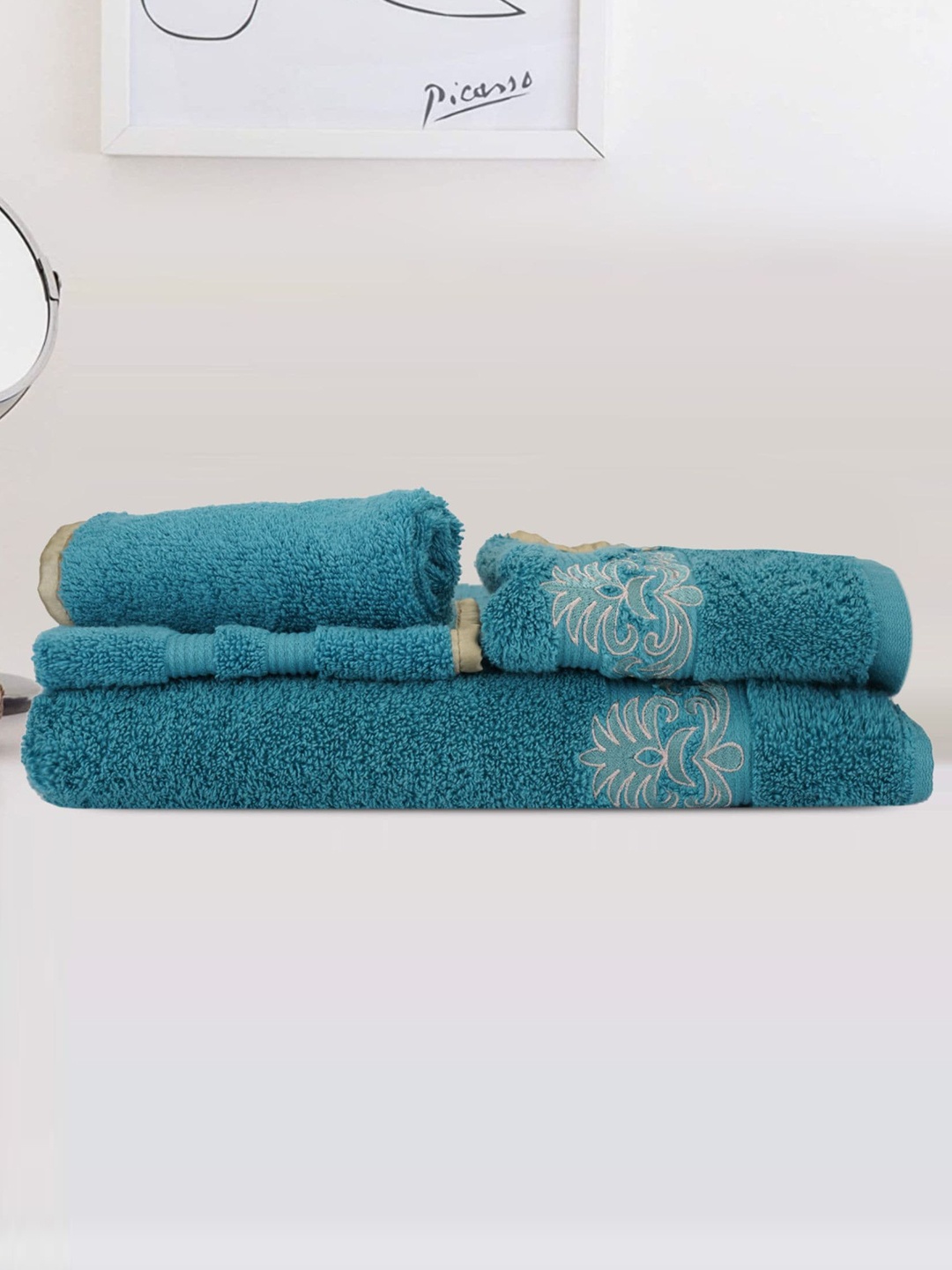 

LUSH & BEYOND Set Of 4 Solid Pure Cotton 500 GSM Bamboo Towels Set, Turquoise blue