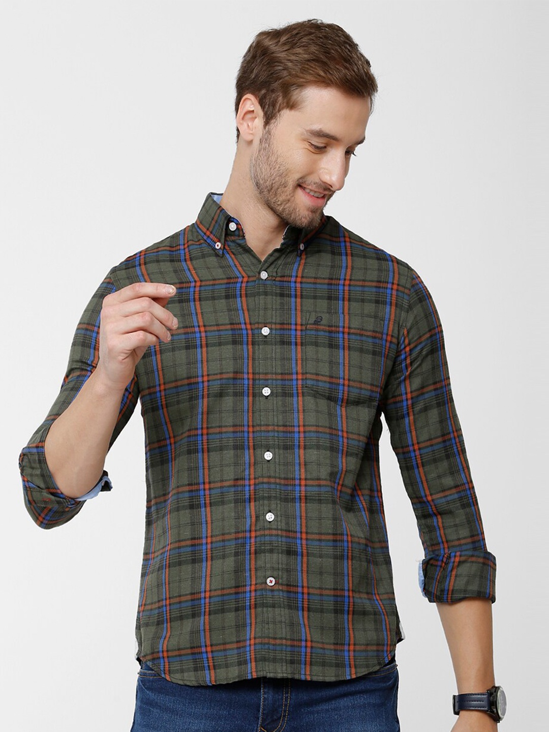 

Double Two Men Green & Blue Checked Cotton Casual Shirt