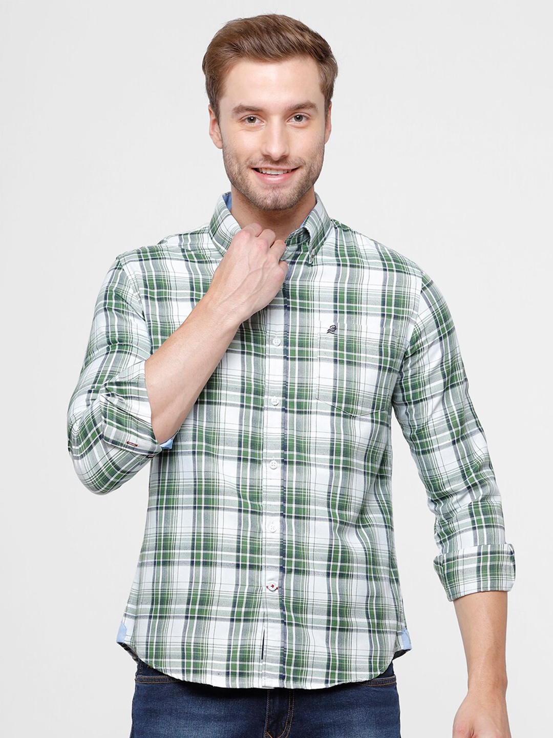 

Double Two Men Green Slim Fit Tartan Checked Cotton Casual Shirt