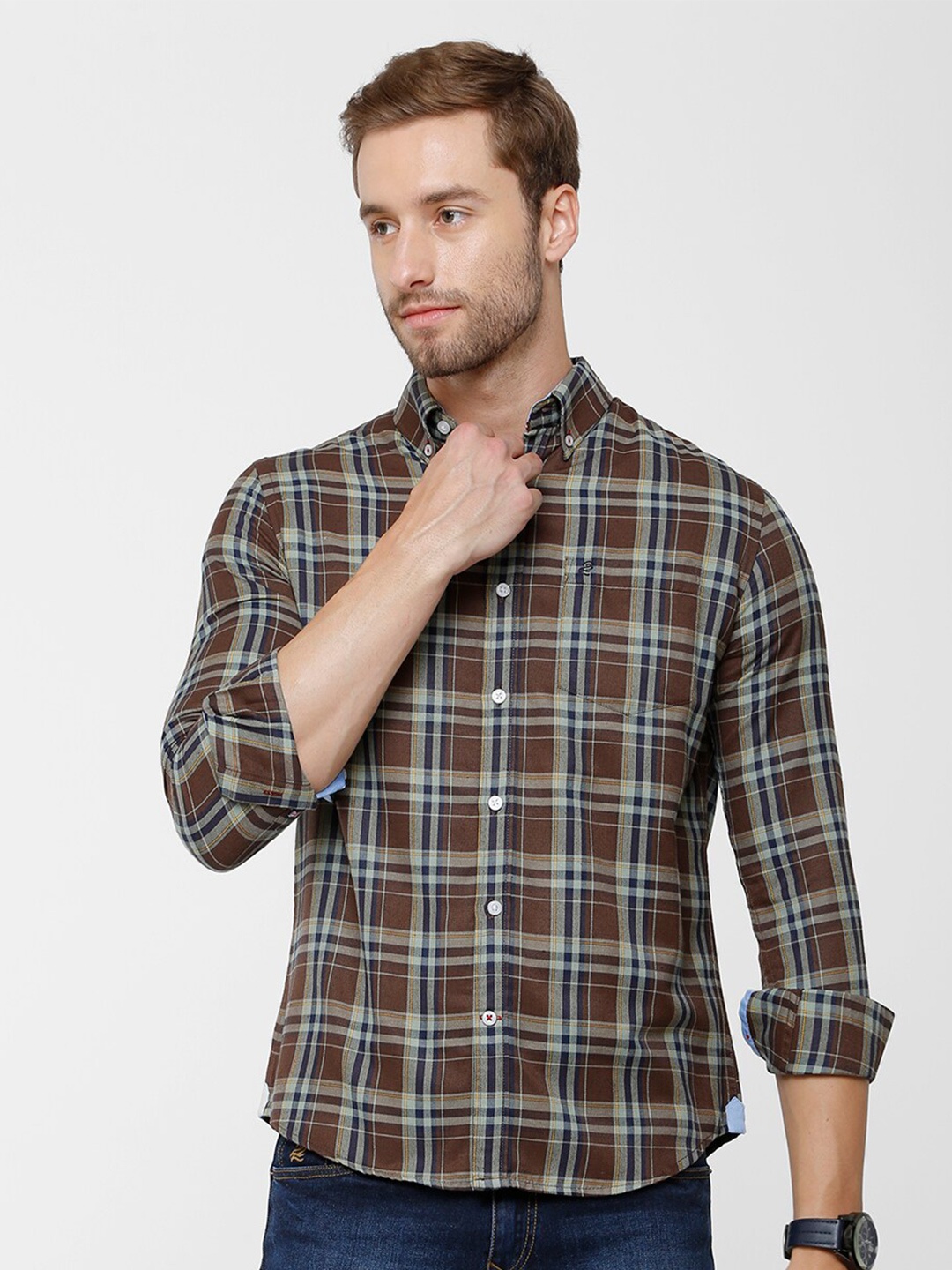 

Double Two Men Slim Fit Tartan Checks Checked Casual Shirt, Brown