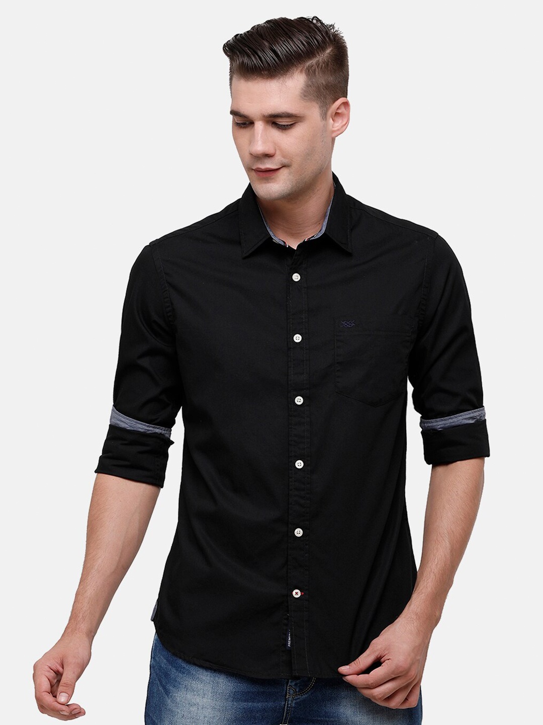 

Double Two Men Black Solid Slim Fit Cotton Casual Shirt
