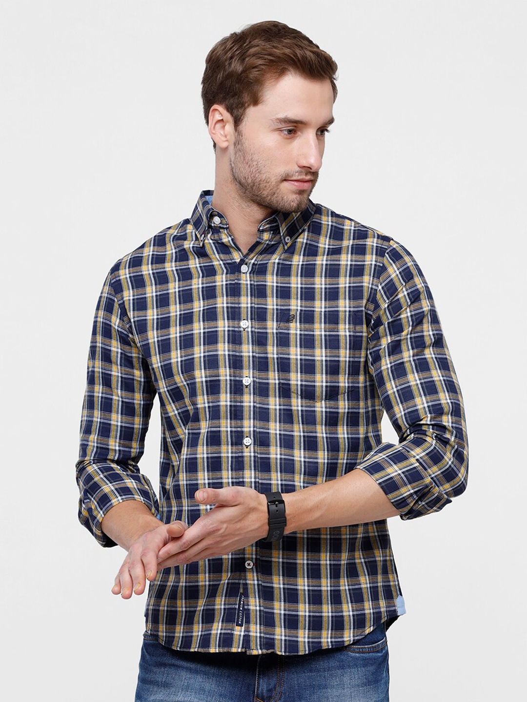 

Double Two Men Navy Blue Slim Fit Tartan Checked Casual Shirt