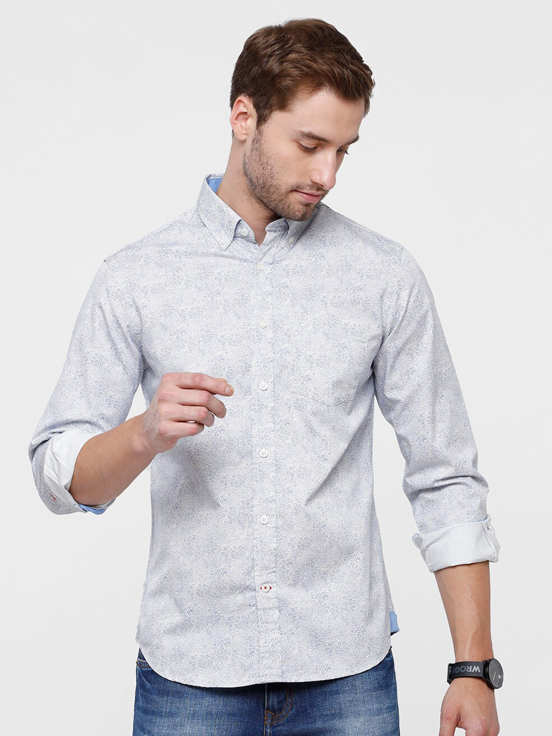 

Double Two Men White Slim Fit Floral Cotton Casual Shirt