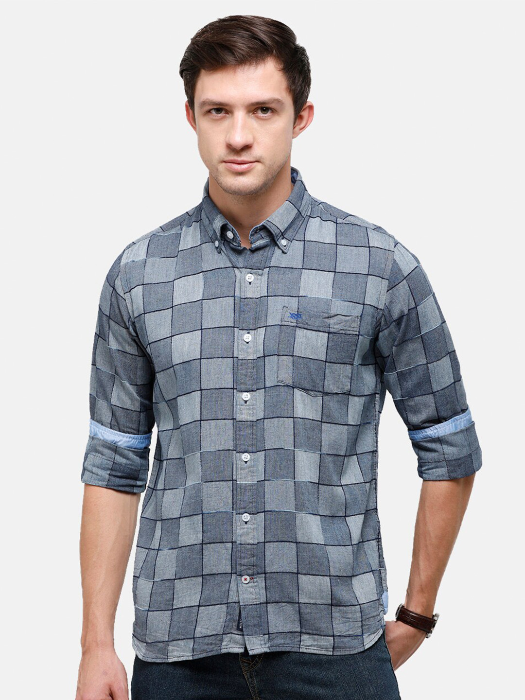 

Double Two Men Grey Checked Cotton Casual Shirt