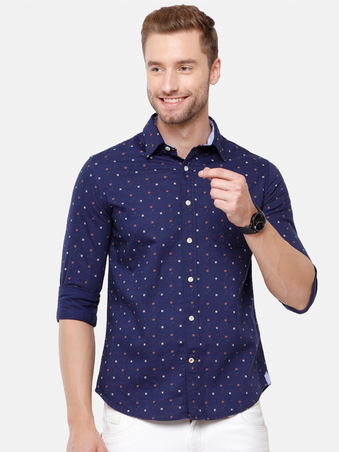 

Double Two Men Navy Blue Slim Fit Printed Cotton Casual Shirt
