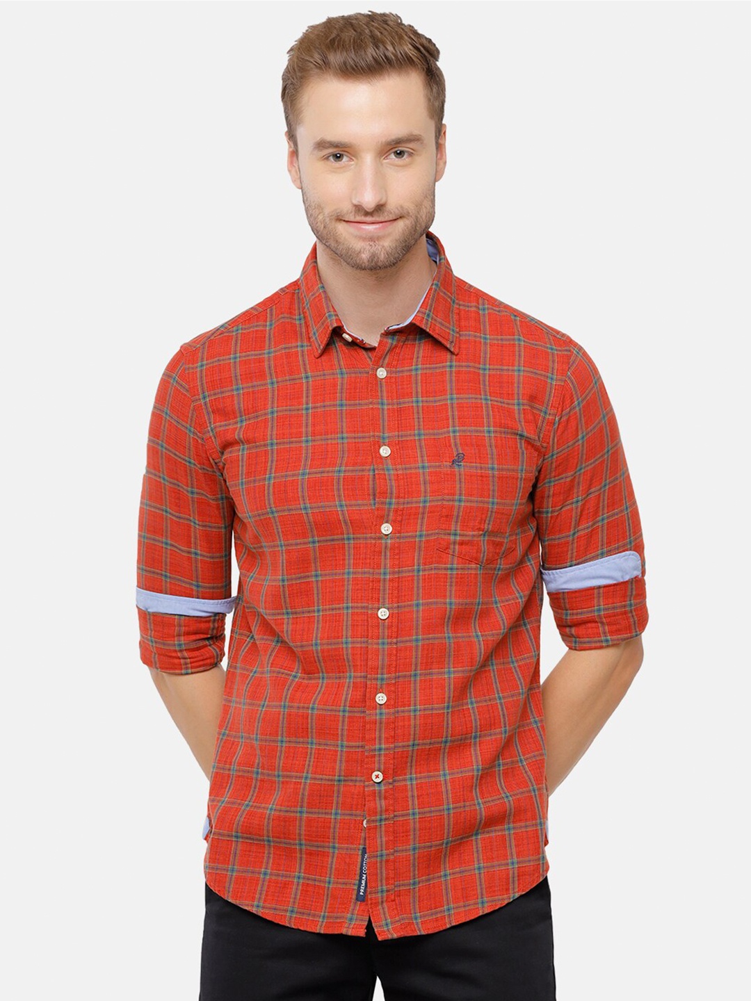 

Double Two Men Red Checked Cotton Slim Fit Casual Shirt