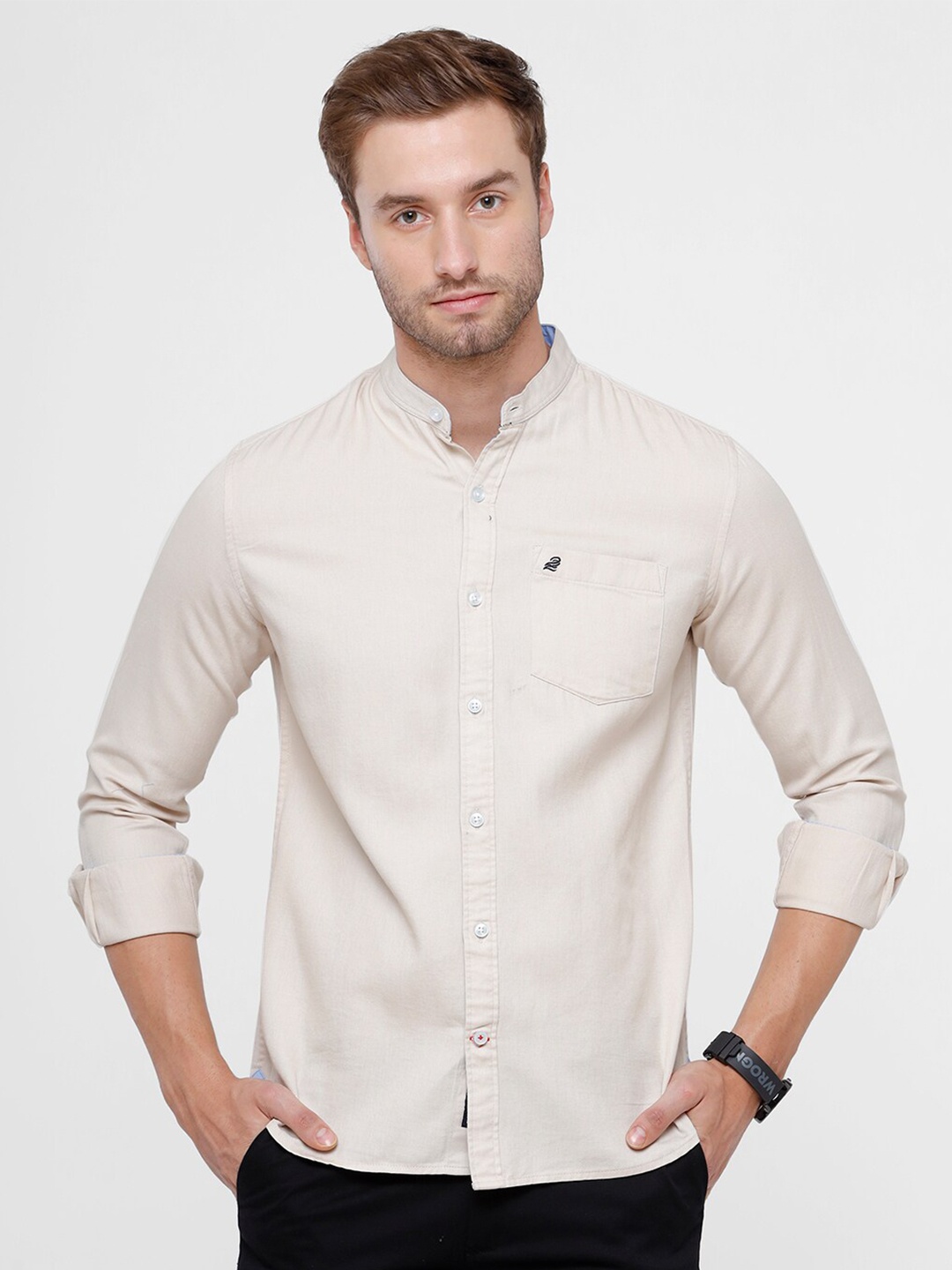 

Double Two Men Cream-Coloured Slim Fit Cotton Casual Shirt