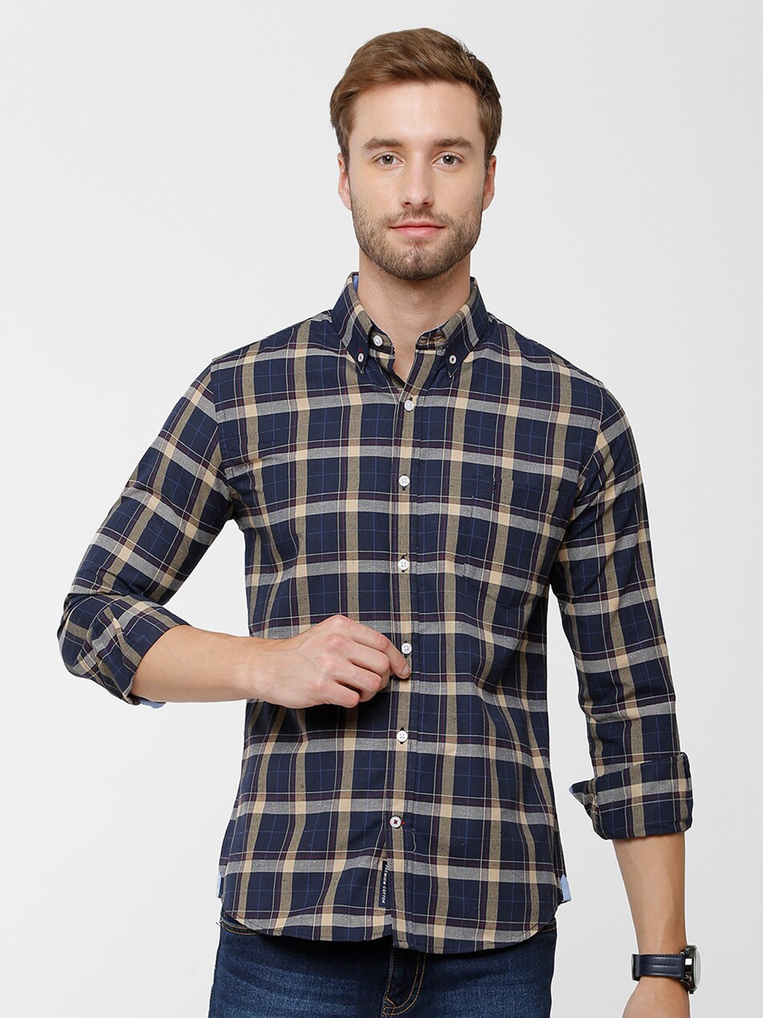 

Double Two Men Navy Blue & Beige Slim Fit Checked Casual Shirt