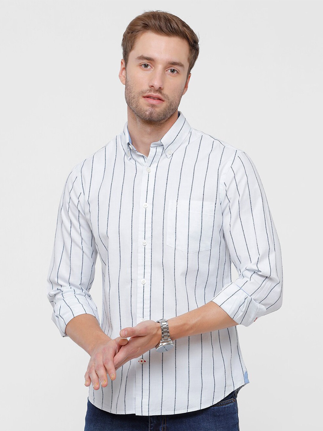 

Double Two Men White Cotton Slim Fit Striped Casual Shirt