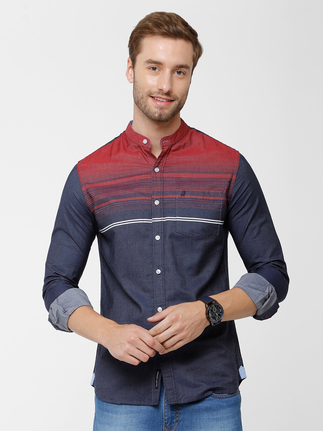 

Double Two Men Navy Blue Slim Fit Colourblocked Cotton Casual Shirt