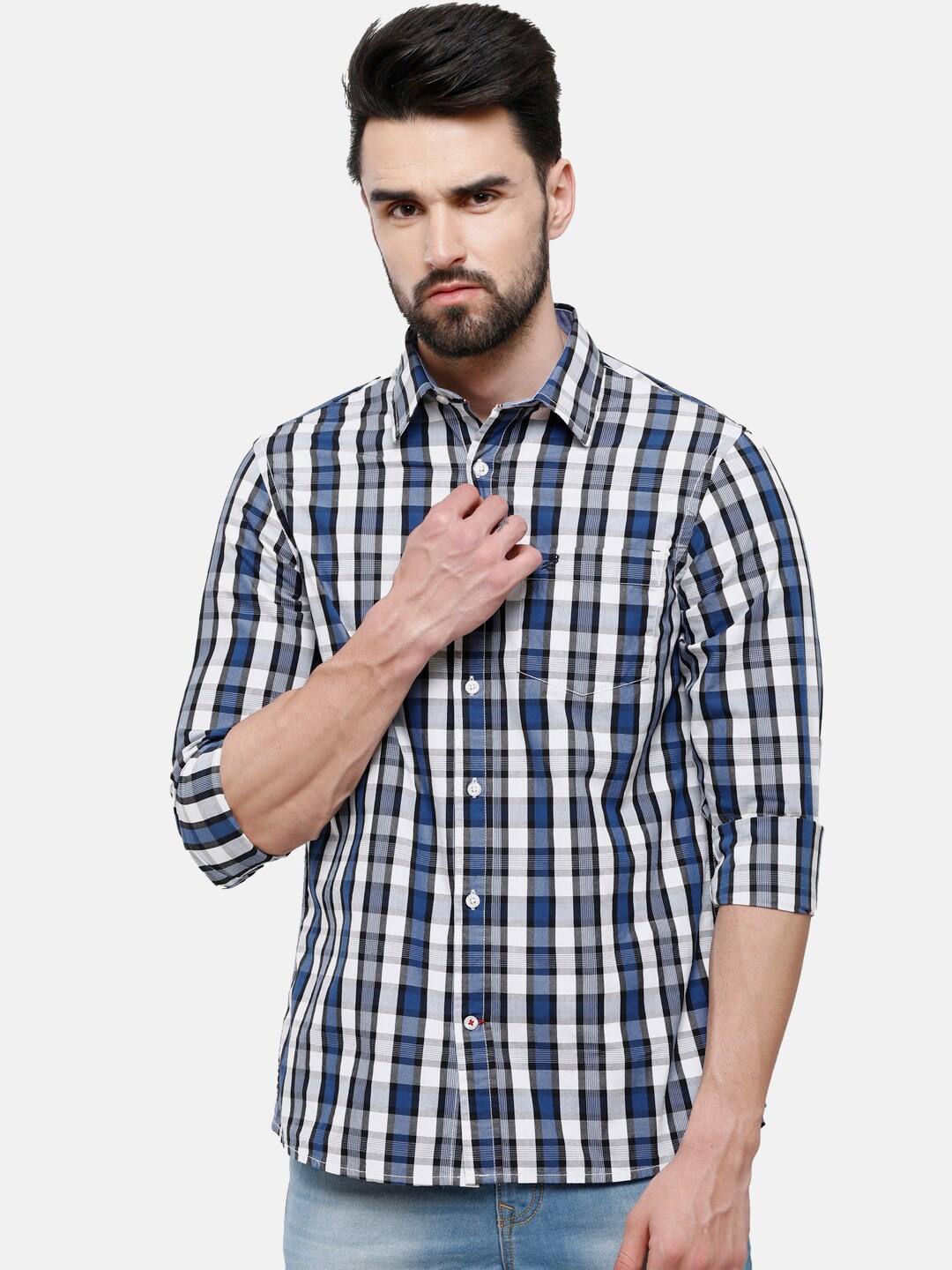 

Double Two Men Blue Slim Fit Tartan Checks Checked Casual Shirt