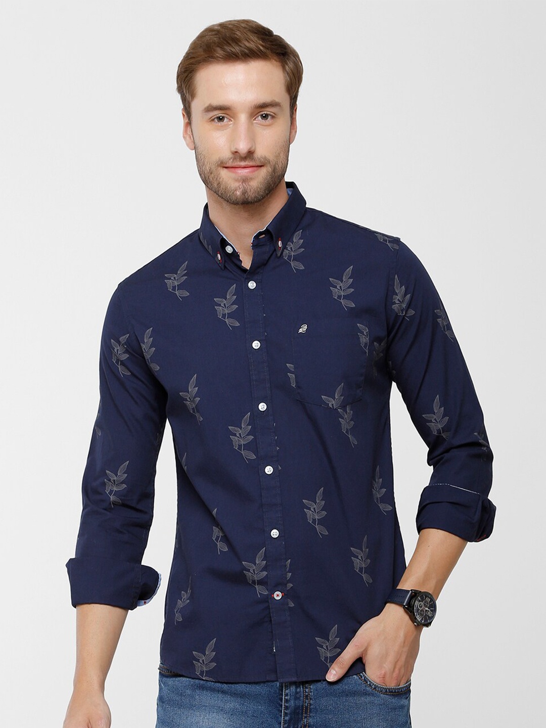 

Double Two Men Blue Slim Fit Printed Cotton Casual Shirt
