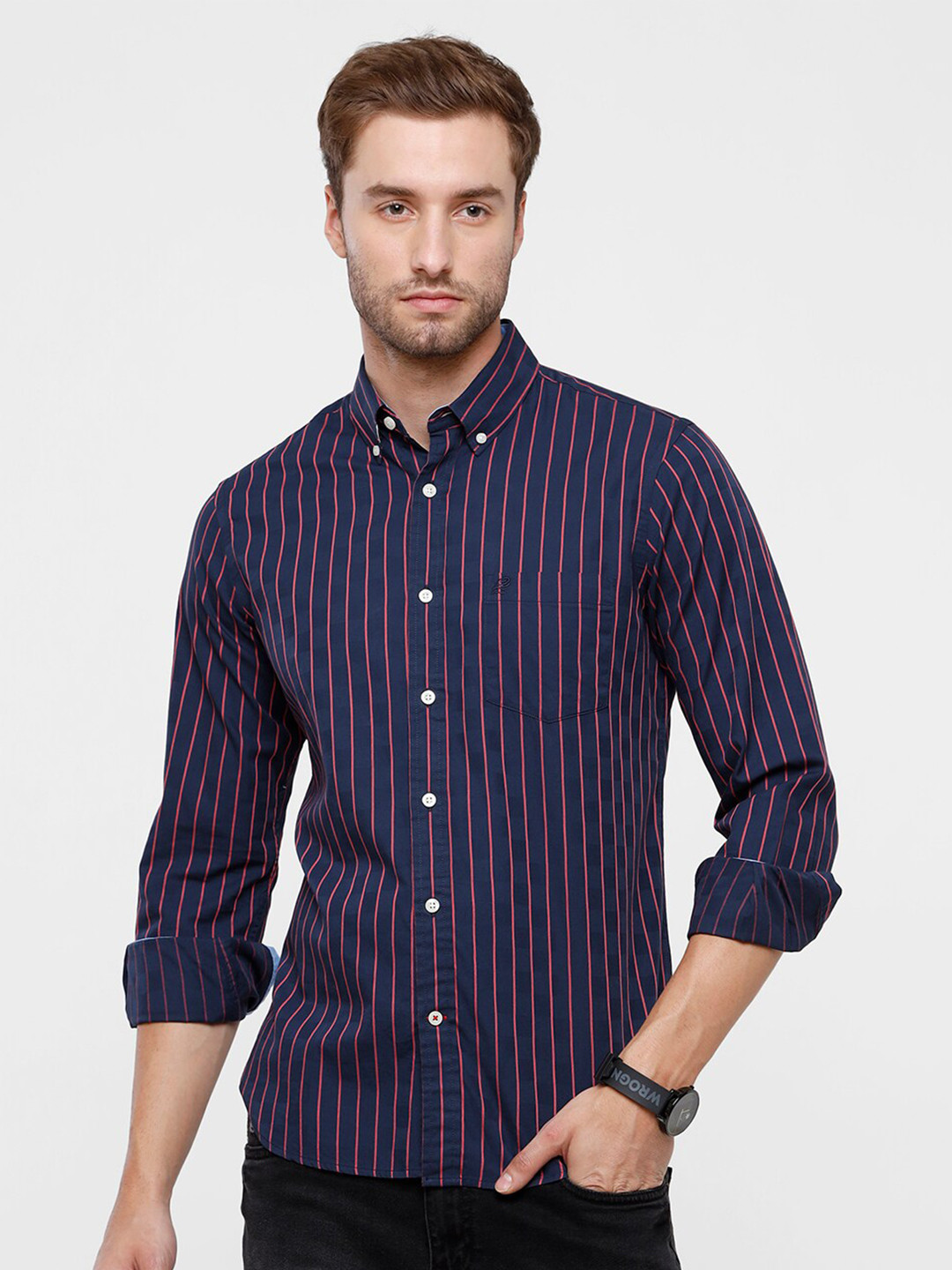 

Double Two Men Navy Blue Slim Fit Striped Casual Shirt
