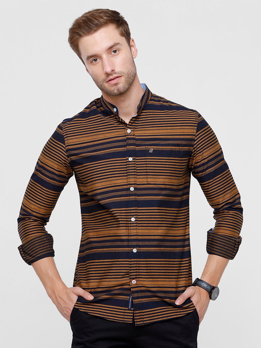 

Double Two Men Mustard Slim Fit Horizontal Striped Casual Shirt