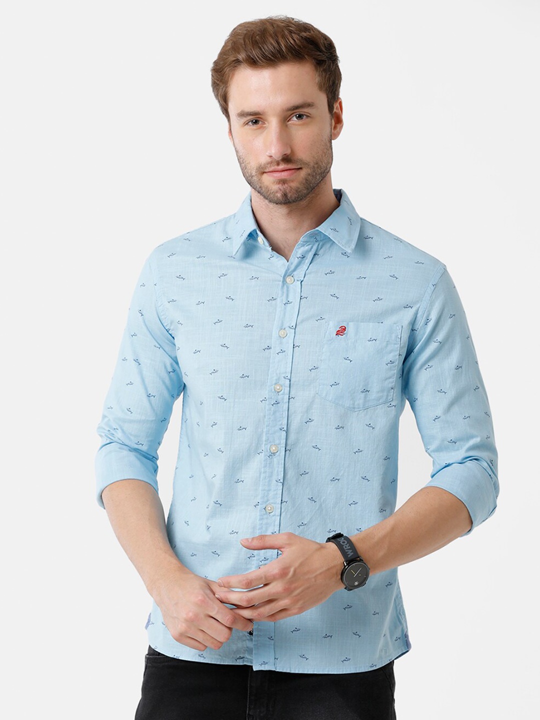 

Double Two Men Blue Printed Cotton Casual Shirt