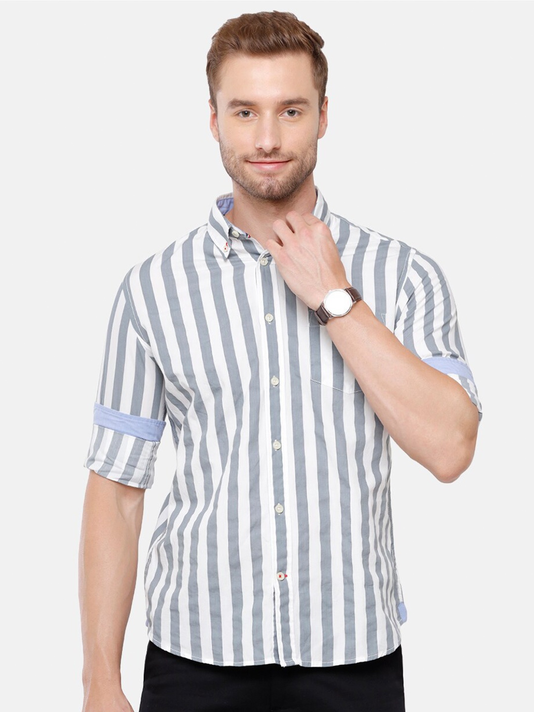 

Double Two Men White Striped Cotton Casual Shirt