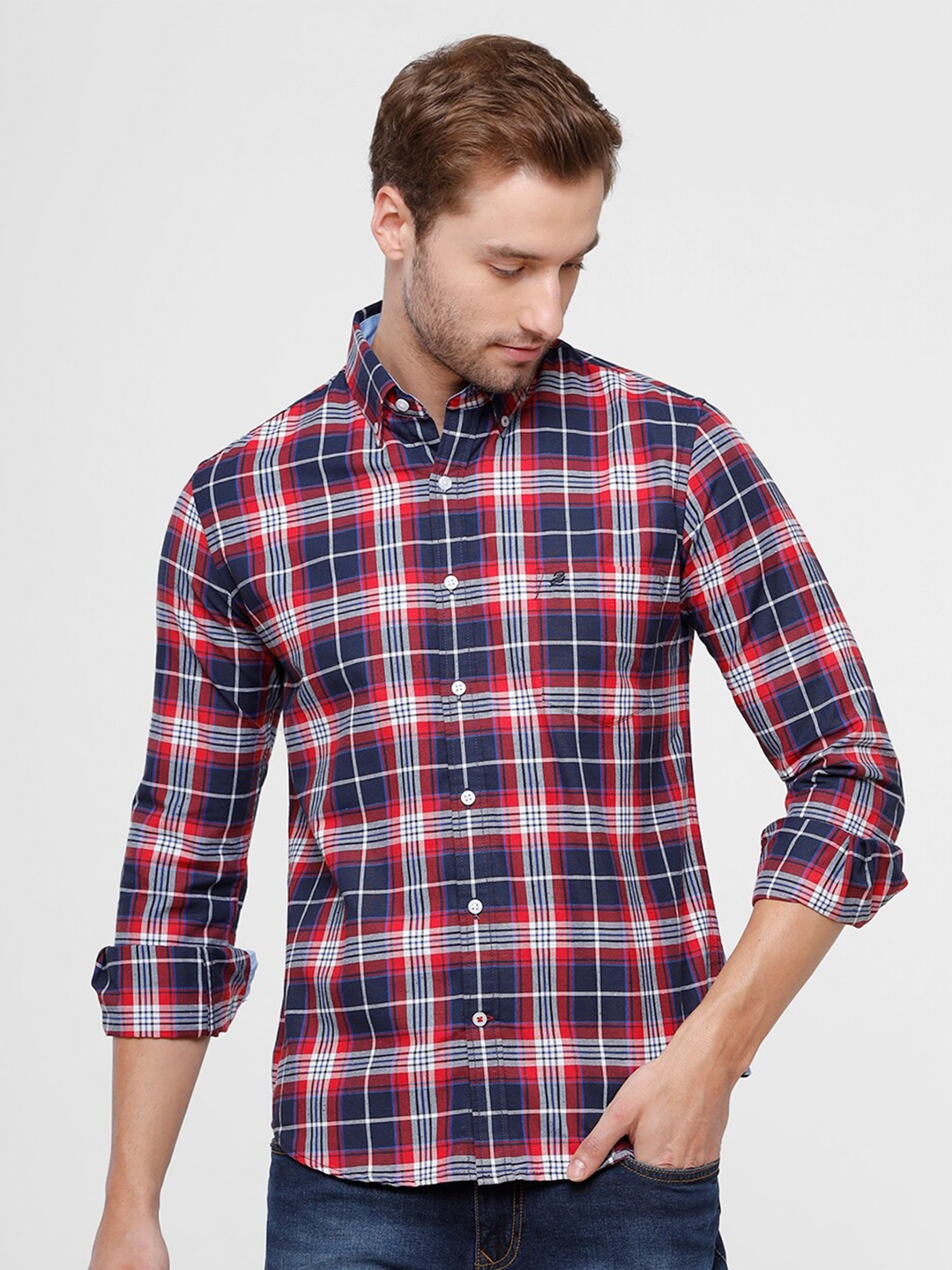 

Double Two Men Navy Blue Slim Fit Tartan Checks Checked Cotton Casual Shirt