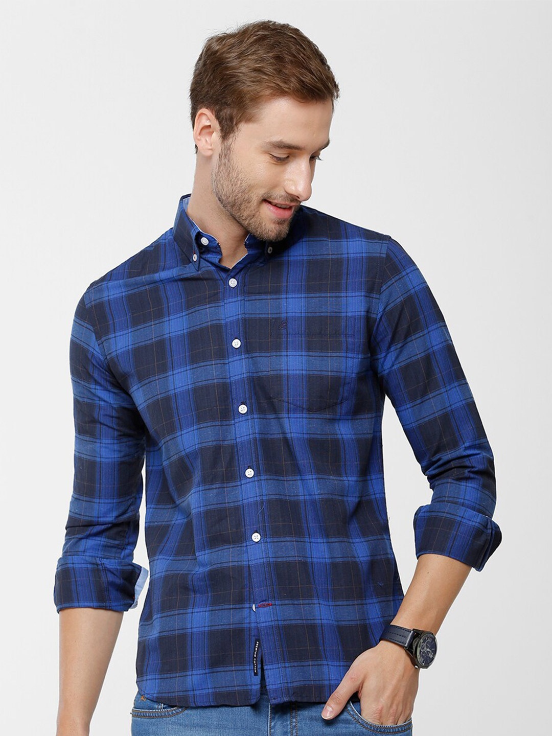 

Double Two Men Navy Blue Slim Fit Checked India Slim Cotton Casual Shirt