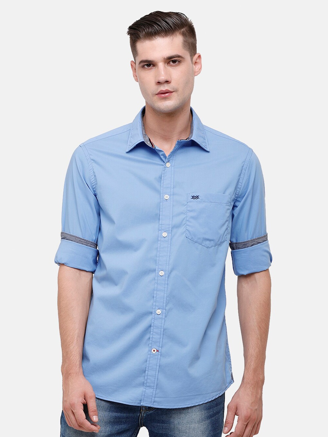 

Double Two Men Blue Solid Slim Fit Casual Shirt