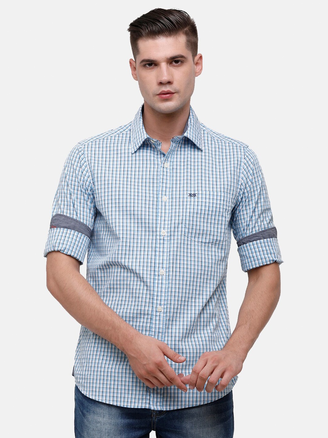 

Double Two Men Blue Slim Fit Checked Casual Shirt