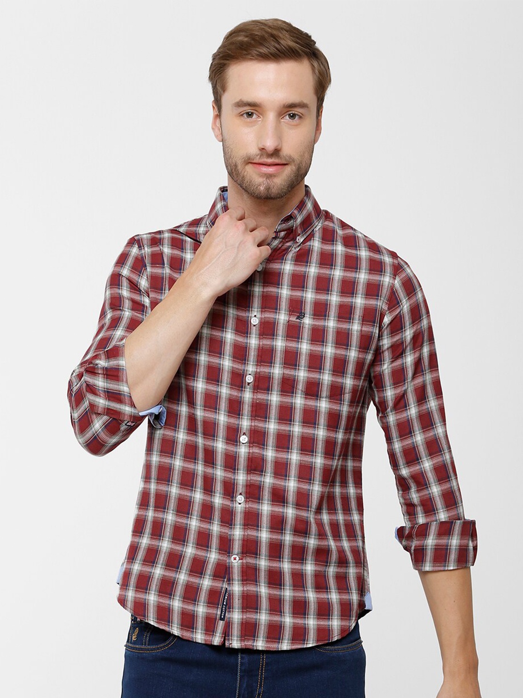 

Double Two Men Red & White Slim Fit Checked India Slim Cotton Casual Shirt